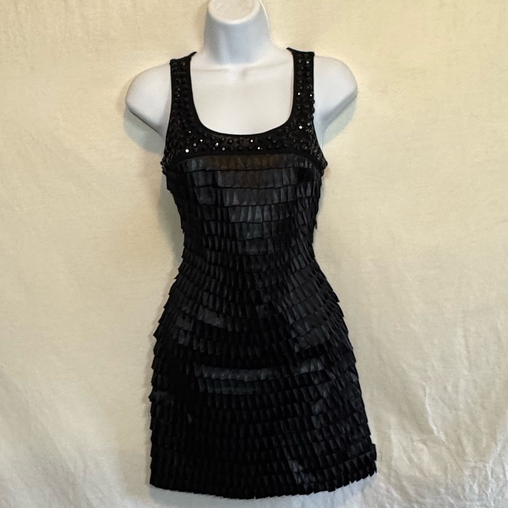 D-37 Express Black Beaded Fringed Sleeveless MIDI Summer Dress Size‎ XS